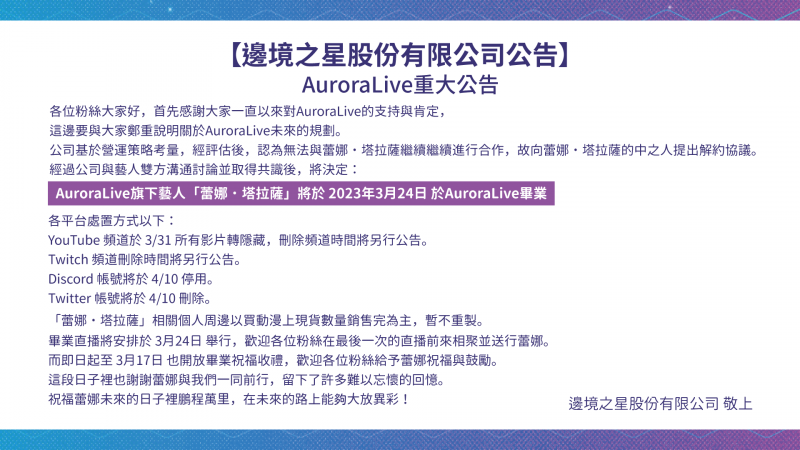 【重大告知】蕾娜塔拉薩畢業以及各平台處置辦法